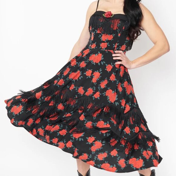 NWT Unique Vintage Red Rose Print Fringe Girlie Swing Dress XS 2 - Picture 1 of 11